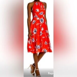 Eliza J Sleeveless Poppy Floral A-line Halter Dress w Plunging Back & Neck Ties